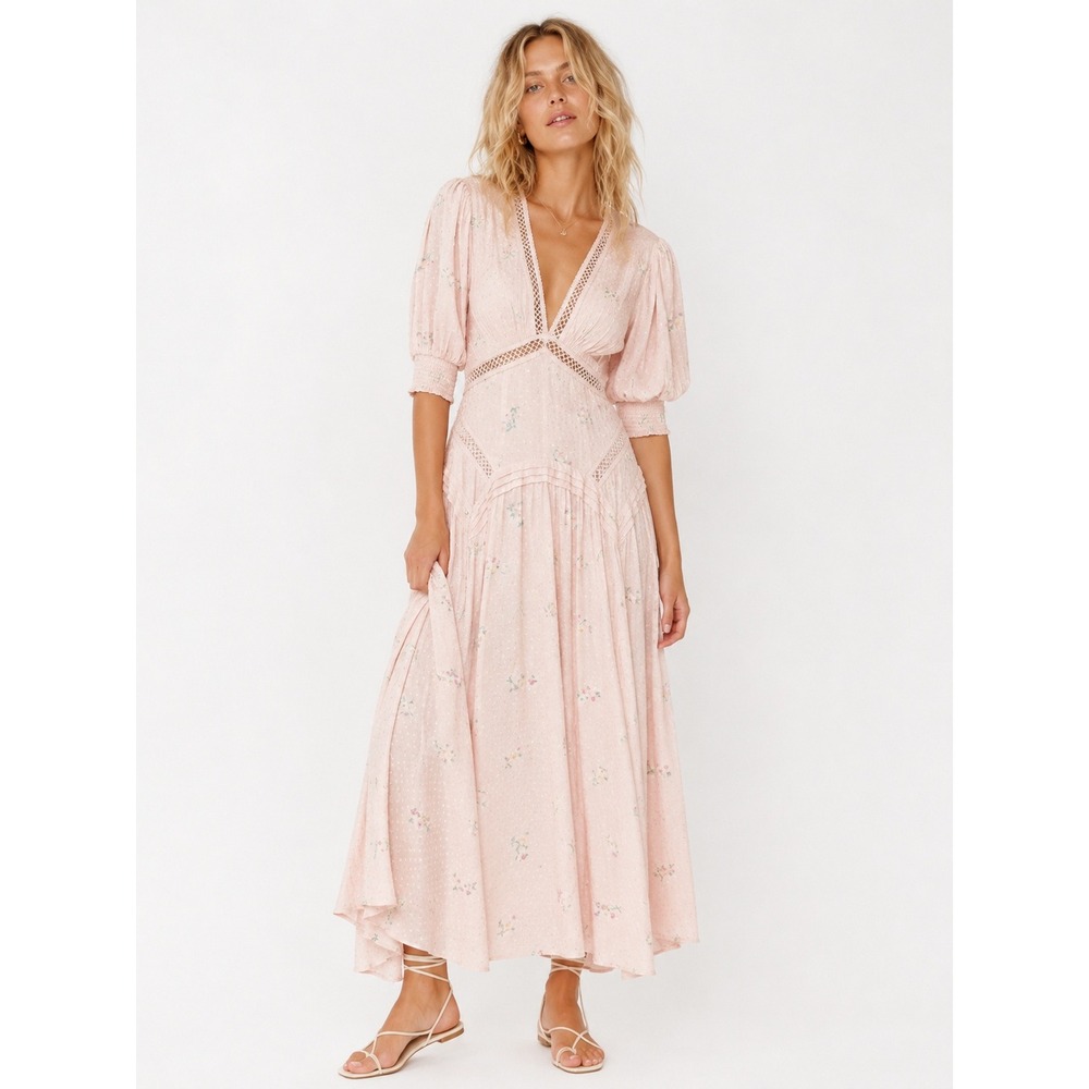 Free People Dress Women 6 Pink Still In Love Floral Maxi Boho Coquette Cottage - Picture 1 of 13